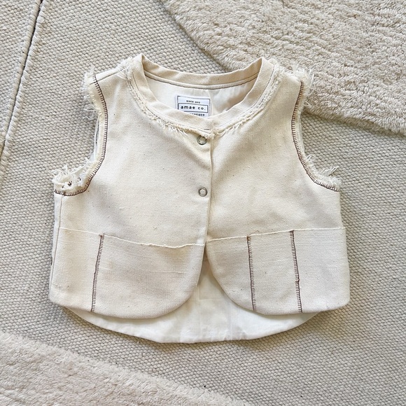 Amae Co OOAK Fringed Western Blanket Camp Striped Vest White Cream Brown 4-5T - Picture 3 of 16